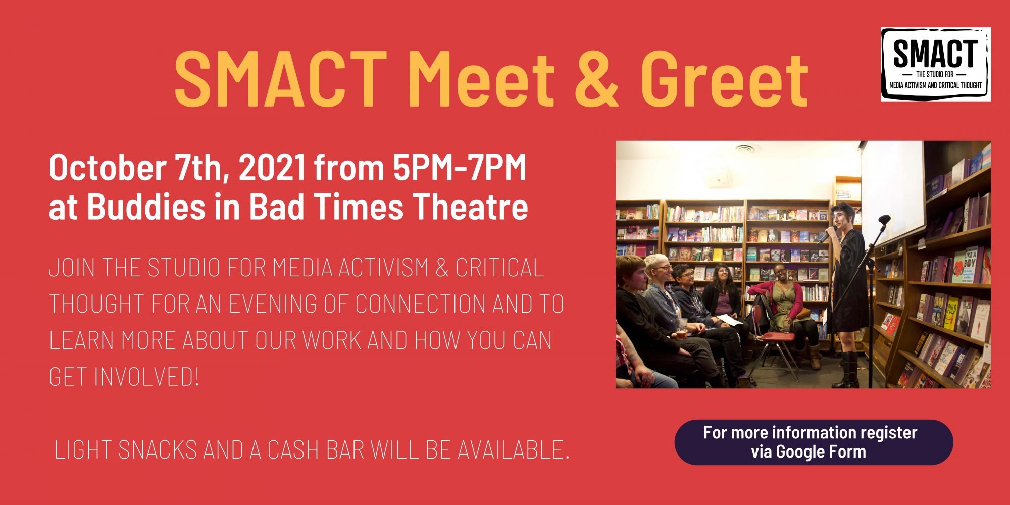 SMACT Meet & Greet banner - Oct 7, 5-7pm Buddies in Bad Time Theatre